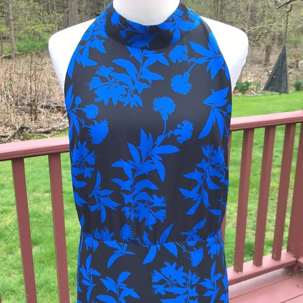 Sam Edelman Size 14 blue combo halter graphic botanic halter midi dress - Picture 3 of 11